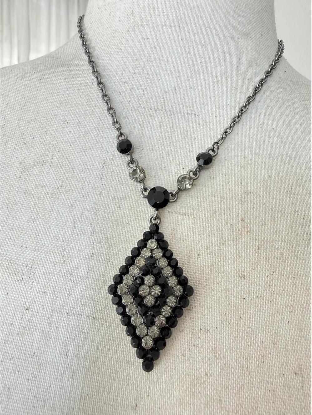 Black Crystal Rhinestone Pendant Necklace Gunmetal Gothic Glam Jewelry